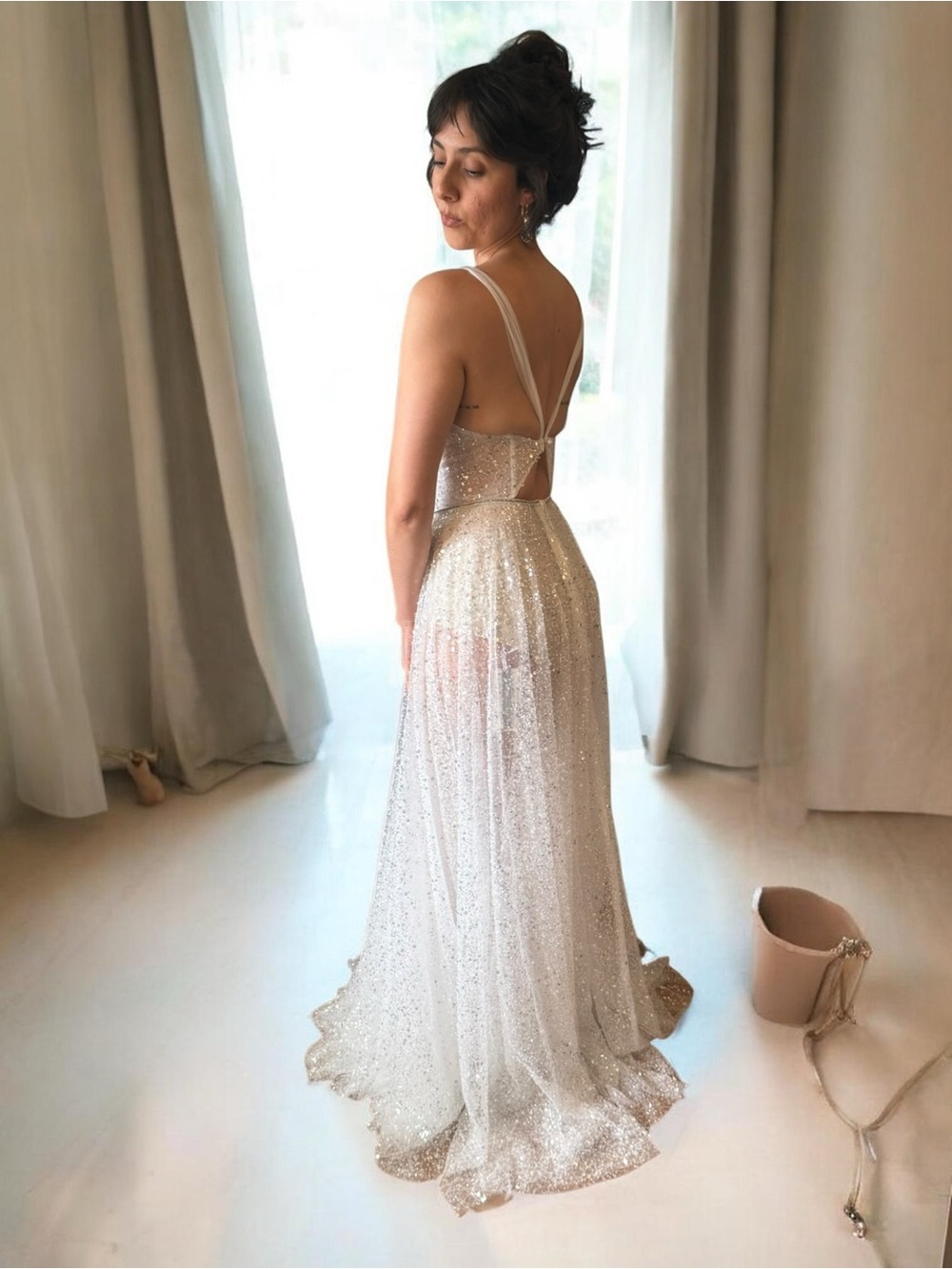 Inbal Dror Sparkling White Sheer Overlay Bridal Gown